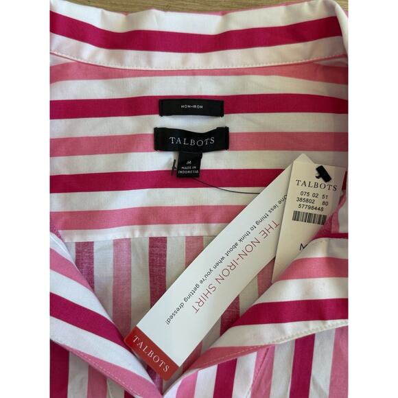 Talbots Womens Top Sz M Pink Striped Non-Iron Popover Shirt Long Sleeve Stretch - Picture 2 of 7
